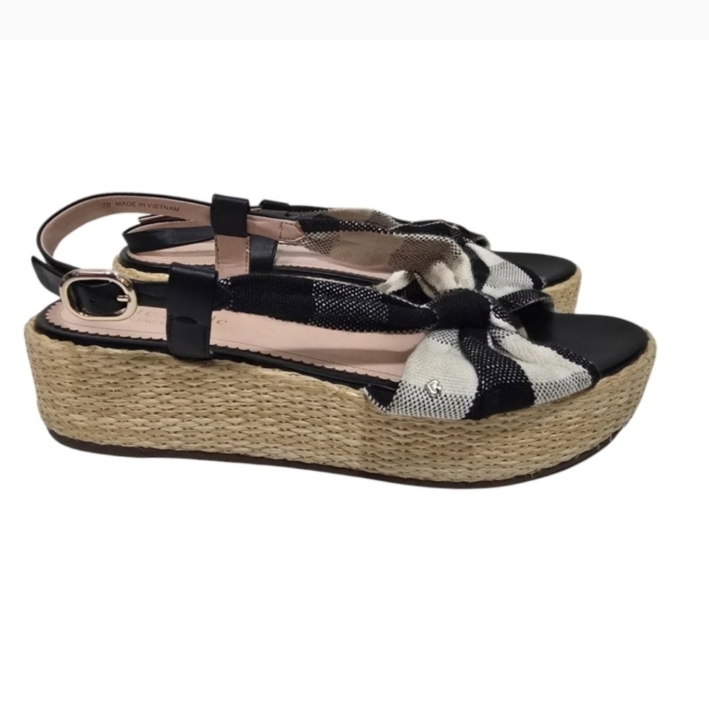 Kate Spade Black White Brown Plaid Bow Front Espadrille wedge sandals